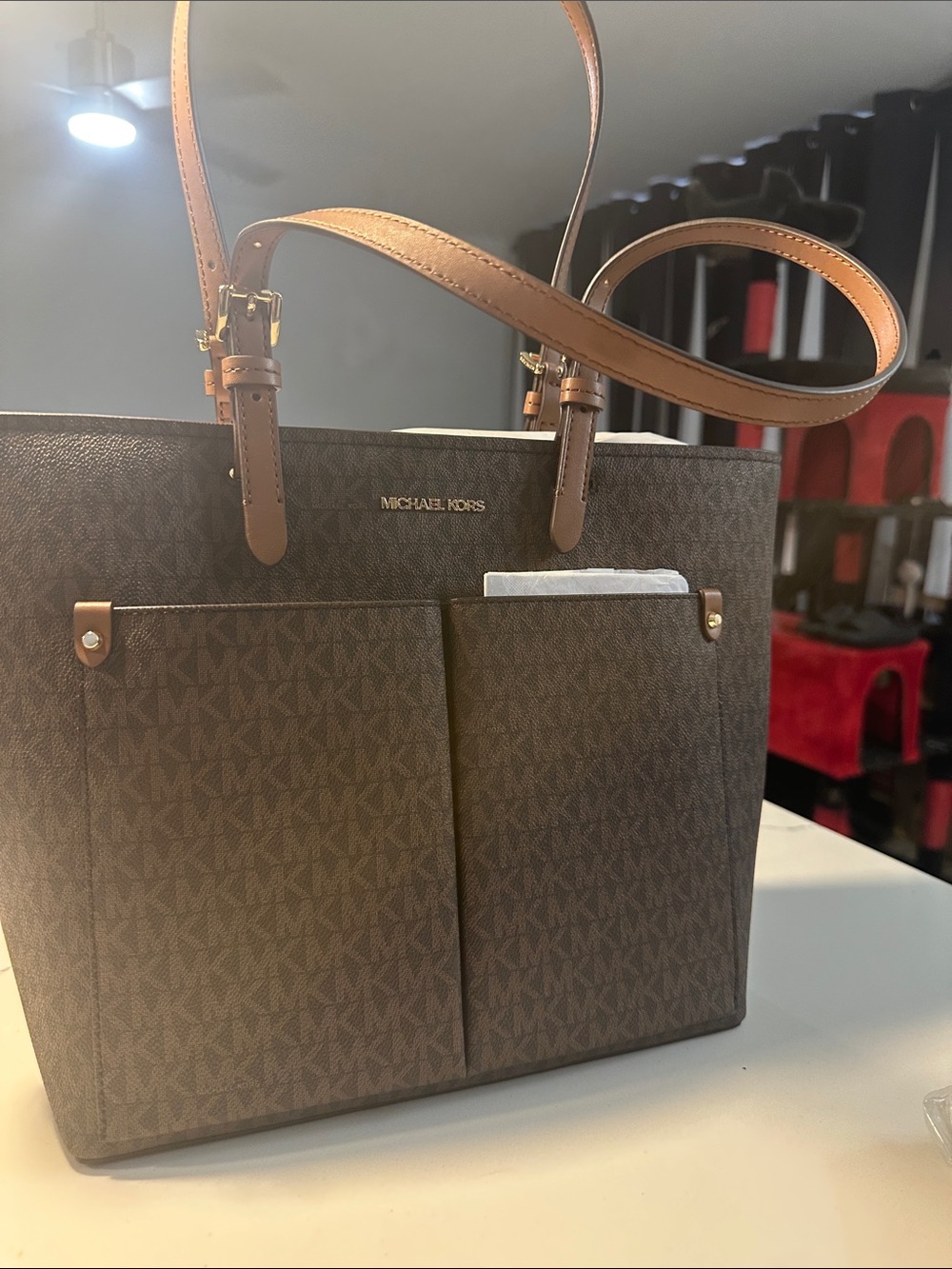 Michael Kors Brown and Tan Logo Tote with Front Pockets